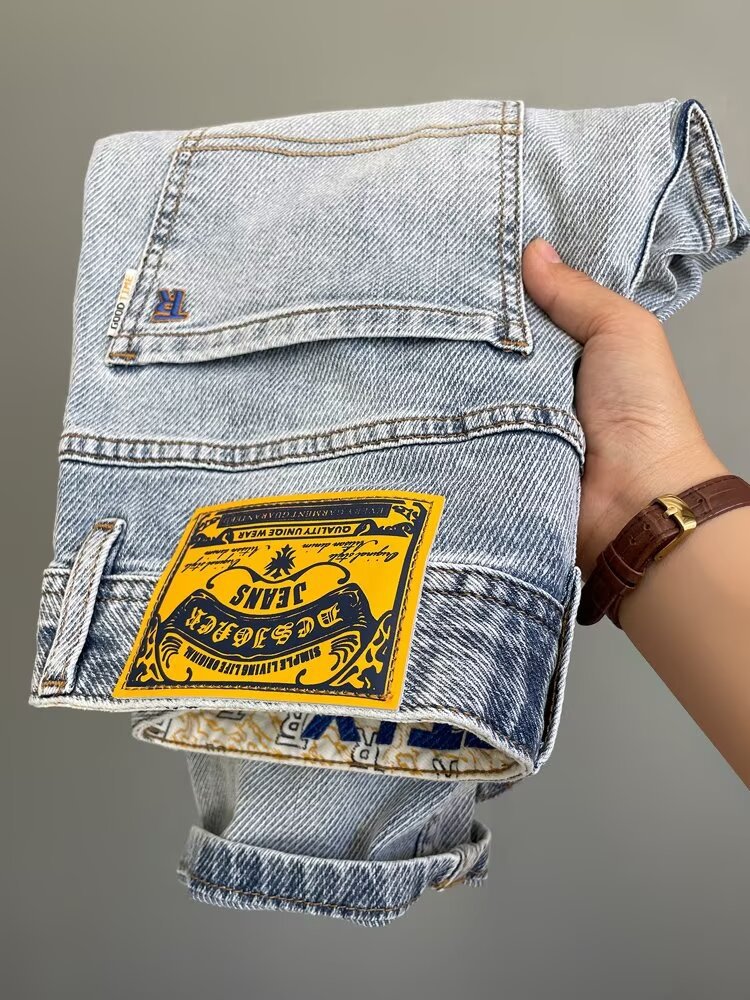 Herr slim straight stretch jeans med broderi slitstark denim_voghion.com