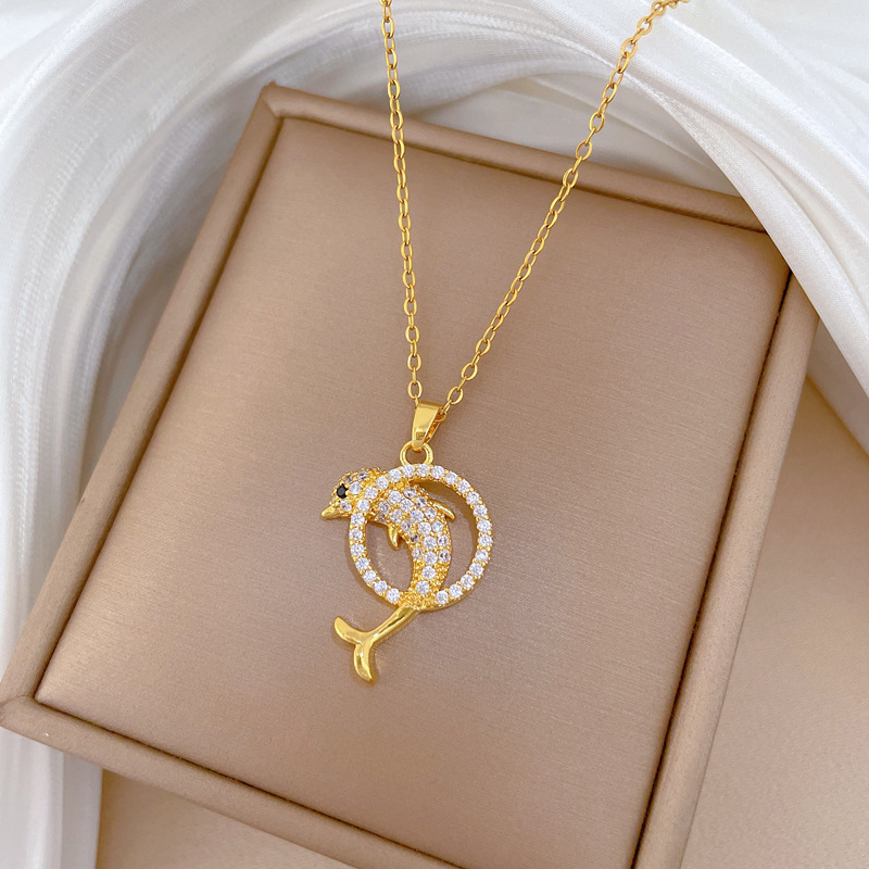 Titanium Steel Dolphin Necklace With Full Diamond Inlay Elegant_voghion.com