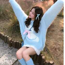 美式高级感奶蓝色水貂绒猫咪蝴蝶结毛衣女秋冬款宽松软糯别致上衣