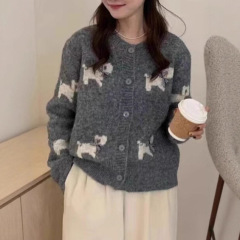 秋冬新款绵羊绒卡通图案提花小狗针织外套清新可爱风毛衣女装开衫