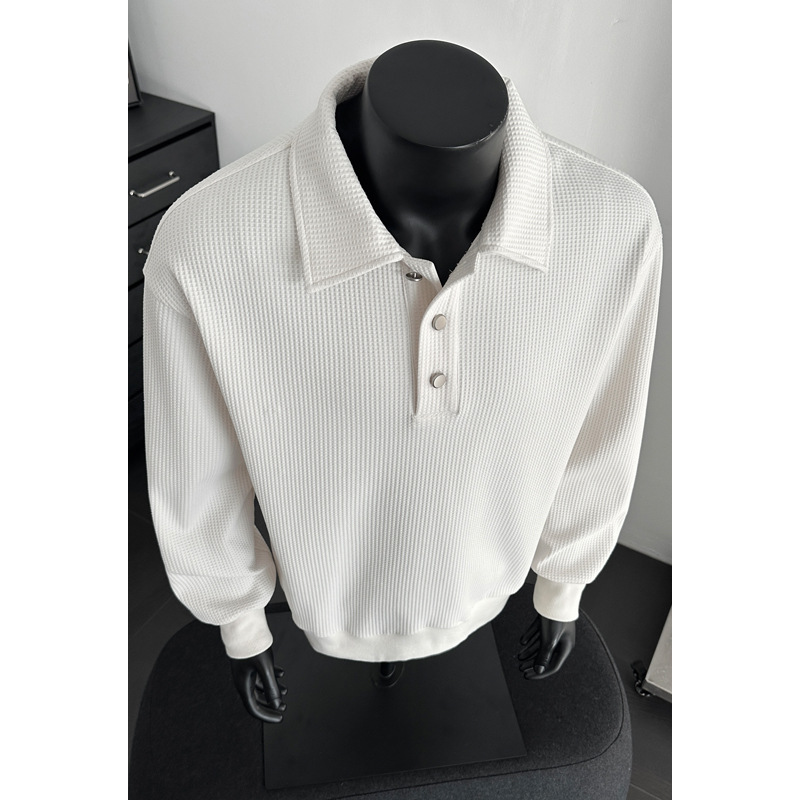 American-style Trendy Solid Color Waffle Knit Old Money Style 2026 Spring New Polo Collar Long-sleeve Sweatshirt, Unisex_voghion.com