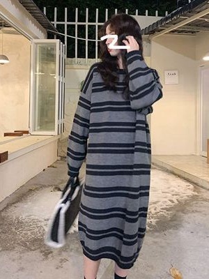 秋冬韩版宽松针织连衣裙长款过膝条纹打底衫慵懒风毛衣裙外穿圆领|undefined