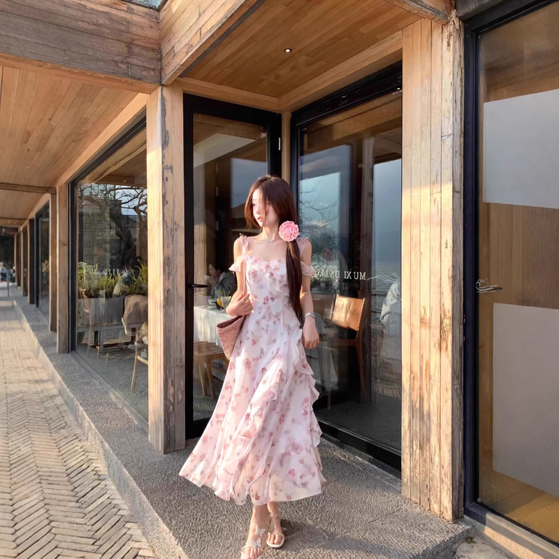 2026 New Summer Women's Off-Shoulder Pink and Purple Floral Design Travel Fairy-Like Fluttering Small Flutter Sleeves Spaghetti Strap Dress