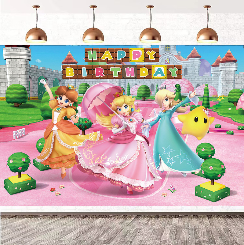 Amazon Photography Cartoon Mario Princess Background Cloth Cartoon Birthday Photo Party Decoration