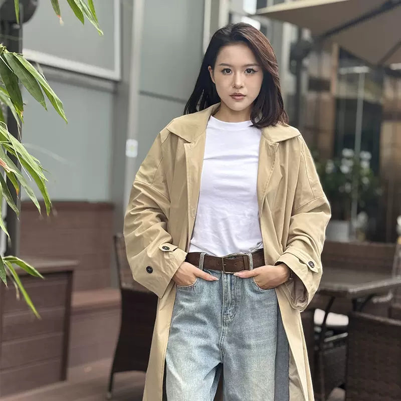 SARA韩系休闲翻领单排扣长款风衣2024年秋季气质百搭显瘦系带外套