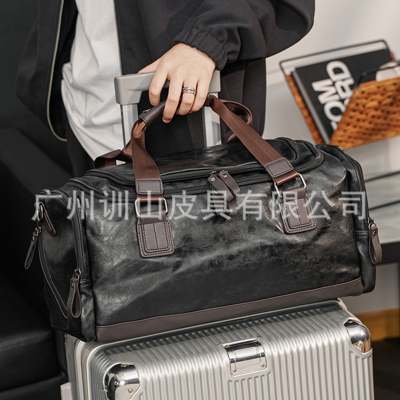 Hx Men's Bag Large Capacity Cowhide Handbag Short-Distance Business Trip Travel Bag Boarding Luggage Bag Leisure Travel