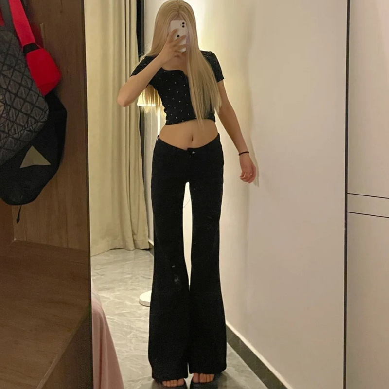 Black Low-Waist Flared Jeans for Women, Summer Loose Wide-Leg Non-Tight Drapey Bell-Bottom Pants, Slimming Pants for Women