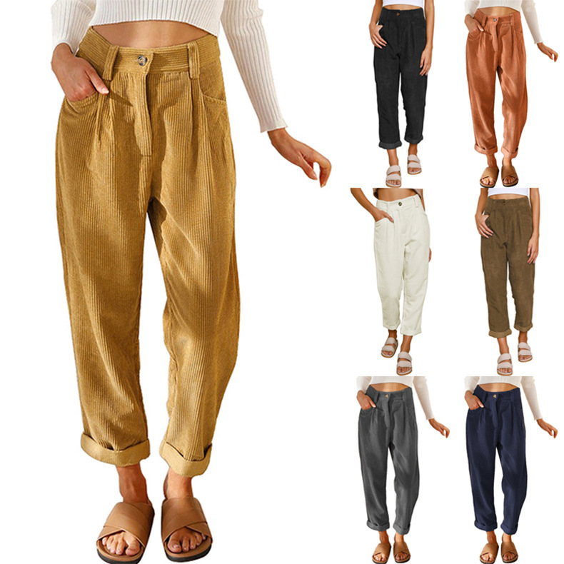 2025 Amazon Autumn New Women's High Waist Casual Pants European and American Solid Color Corduroy Loose Straight-Leg Trousers Women