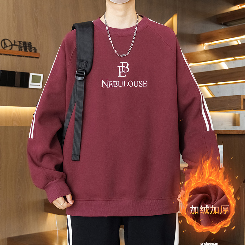 秋冬季青少年潮牌圆领加绒加厚卫衣男孩初中高中学生潮流男装上衣|undefined