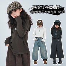 女童双面绒打底衫2025秋冬季新款大童时髦高领长袖上衣软糯蝴蝶结