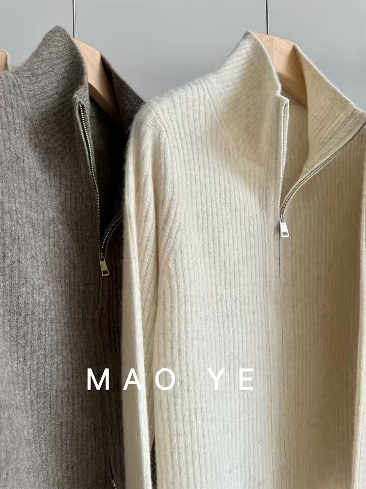 Áo khoác cardigan len lông cừu nguyên chất dài tay cổ bán cao, khóa kéo đôi, sọc gân dọc tôn dáng — Màu cà phê, Màu tự nhiên, màu đen chi tiết 6