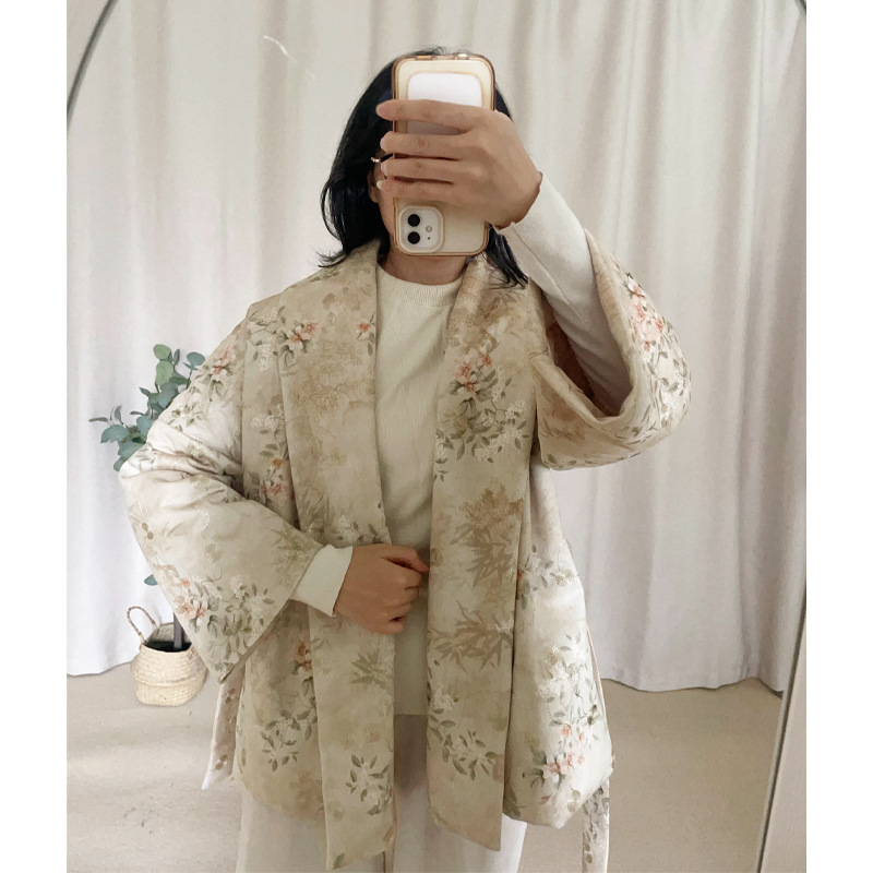 鹿皮绒印绣花宽松大翻领棉衣女新中式棉服冬季保暖棉袄外套2586