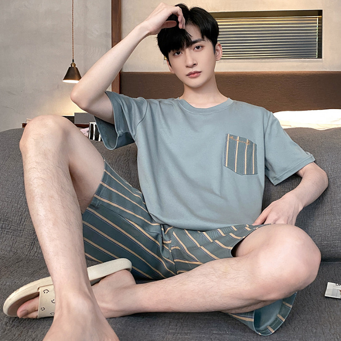 Pijamas de verano de los hombres de algodón artificial de cuello redondo jersey de manga corta pantalones cortos traje casual desgaste del hogar se puede usar fuera supermercado