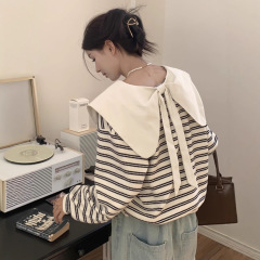 大码polo领条纹卫衣女春秋冬2025新款胖mm宽松短款外套设计感上衣