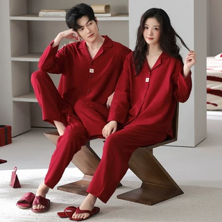 纯棉红色情侣睡衣套装春秋翻领开衫长袖棉纱新婚结婚家居服男女款