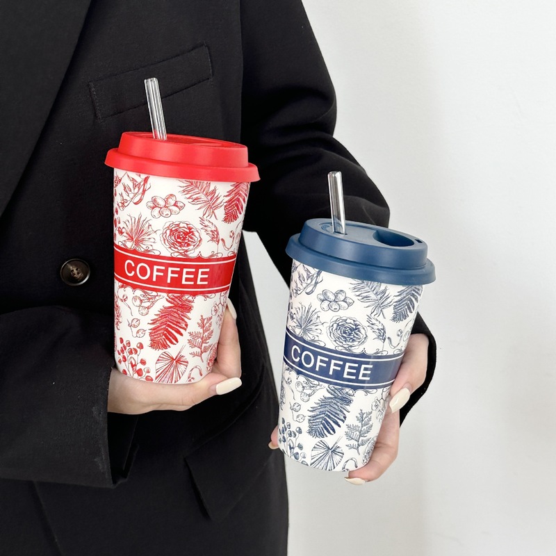 セラミックカップ高颜値夏ストローカップ女子デザイン感コップ家庭用マグカップオフィスコーヒーカップ|undefined