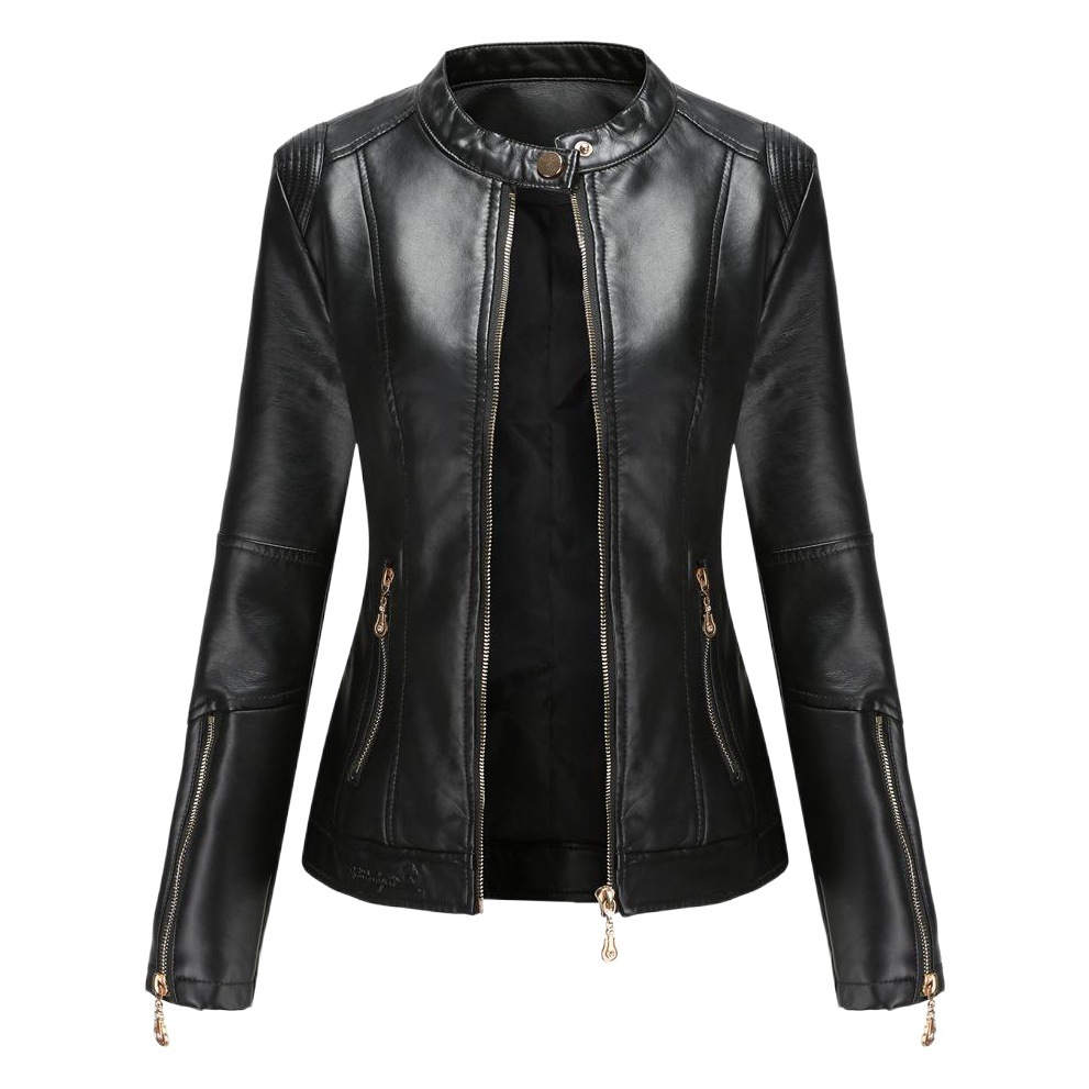 New Fashionable Women's Leather Jacket Pu Leather Short Outwear Stand Collar Jacket Women's Spring & Fall Thin Leather Jacket Navy Blue Leather Jacket