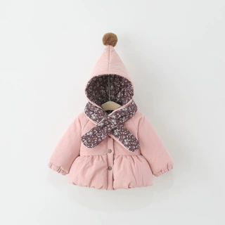 韩版森系童装女童棉服冬季加厚加绒儿童宝宝碎花围巾连帽棉袄外套