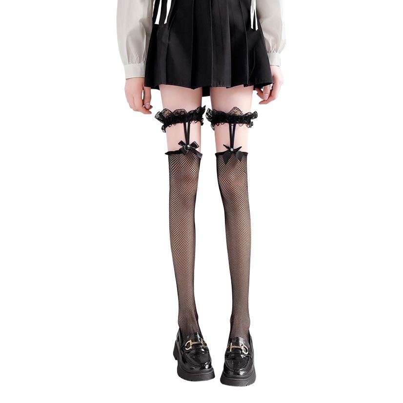 Encaje negro Sling arco hueco medias sexy mujer verano moda sexy calcetines de red sobre la rodilla medias delgadas