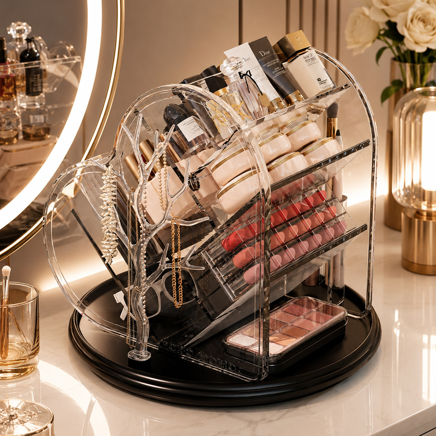 Rotating cosmetic storage box, light luxury and high-end feel, desktop organizer for lipstick and skincare products