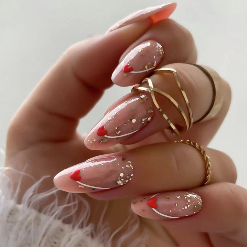 White line French glitter glitter almond nail wear nail polish Valentine's Day Red Love design fake nails