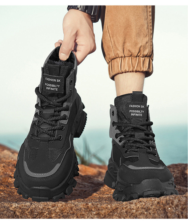 Giày bốt Martin nam cổ cao lót nhung giữ ấm, đế dày tăng chiều cao chống trượt, gót 3-5 cm — L921 kaki [giày đơn không lót nhung], L921 đen [giày đơn không lót nhung], Màu đen [lót nhung] chi tiết 9