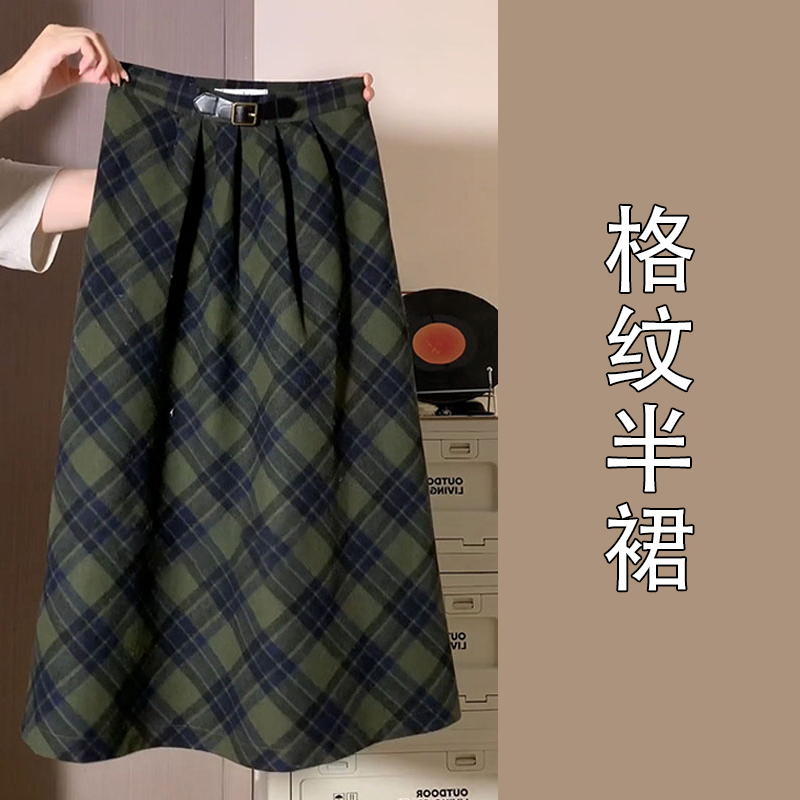 绿色假两件针织毛衣连衣裙子女春秋季韩系小个子穿搭套装格纹长裙|undefined