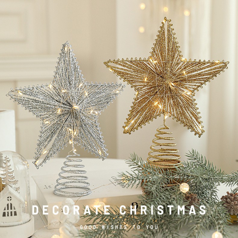 Navidad nuevo producto árbol de Navidad hierro forjado polvo pegajoso top de árbol accesorios de estrellas oro tridimensional hueco estrella de cinco puntas decoración