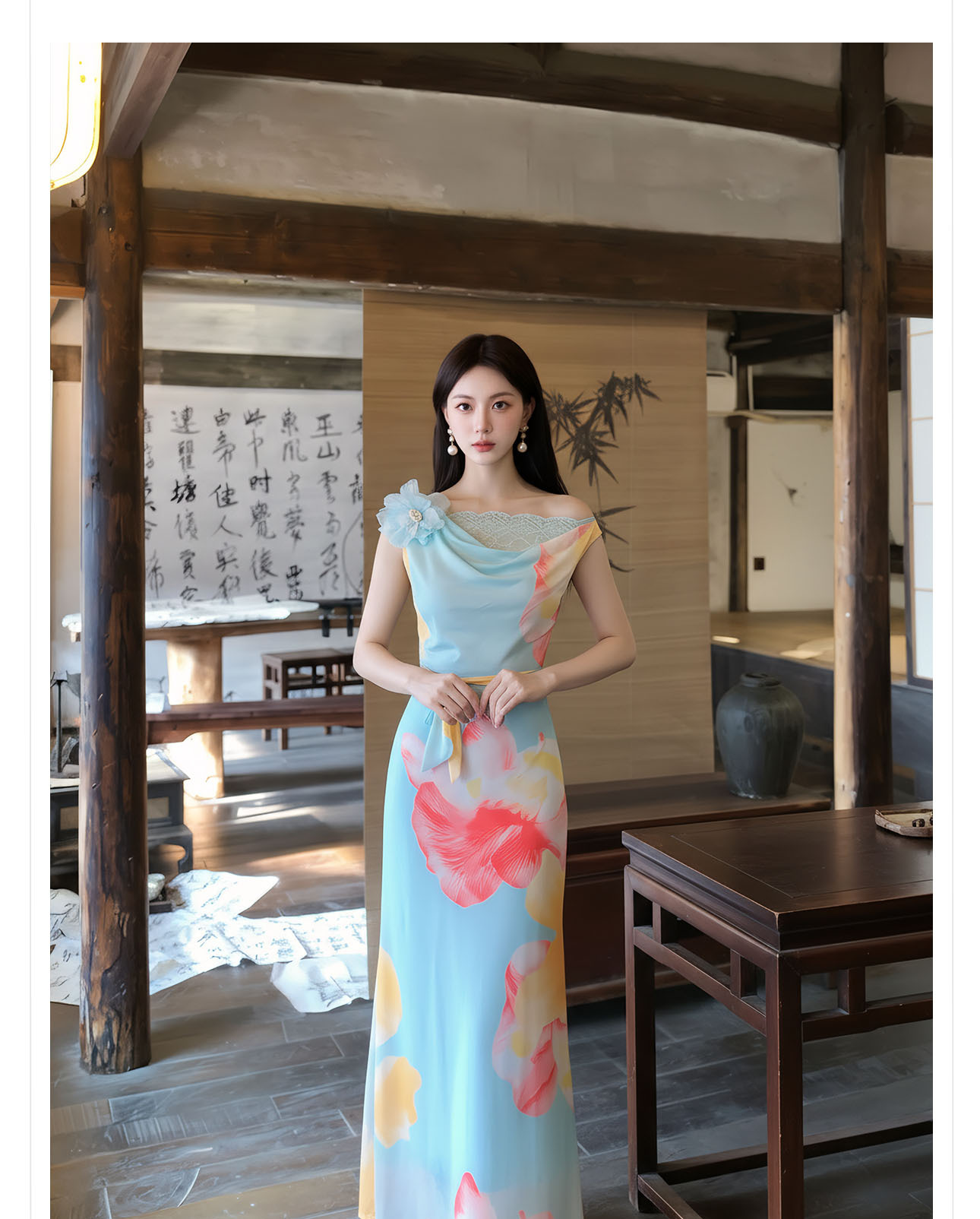 Đầm maxi nữ thắt eo phong cách tân cổ điển họa tiết in hoa dây rua — màu xanh nhạt chi tiết 3
