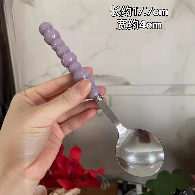 四色珍珠不锈钢勺子陶瓷手柄家用西餐餐勺高颜值少女心圆勺调羹|undefined