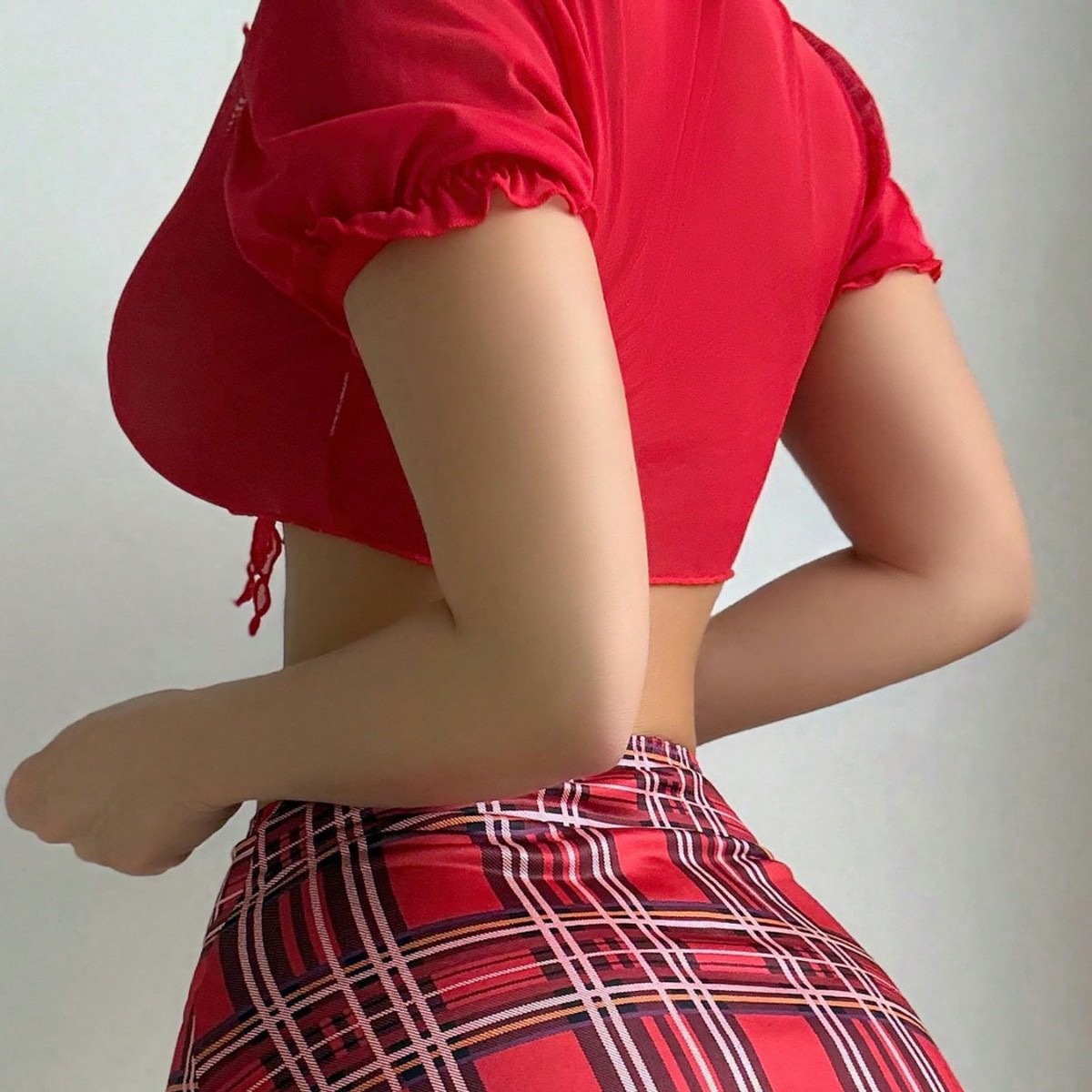 Aesthetisches Kariertes Set Mit Schlitz Rock Und Transparenter Wäsche_voghion.com