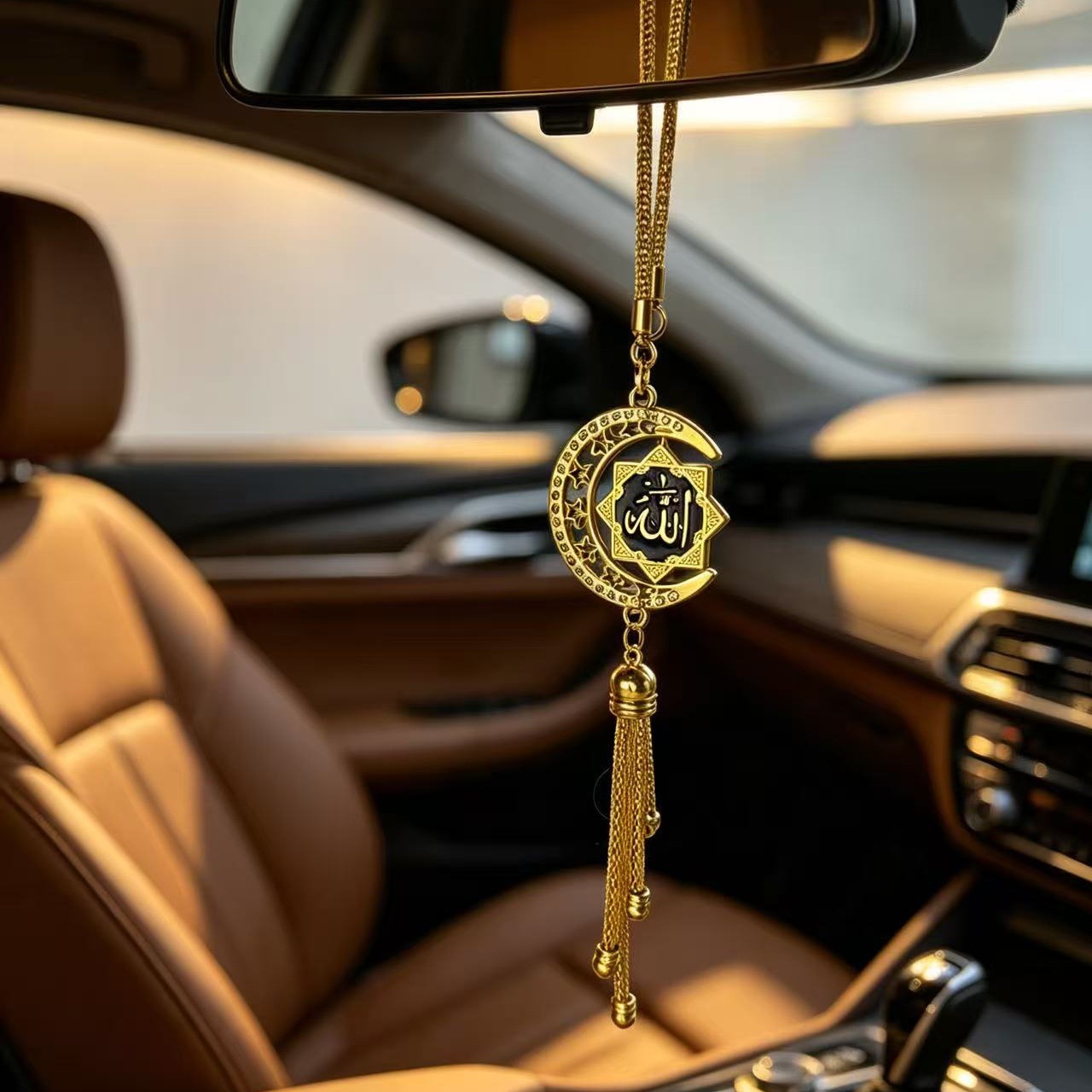 Golden Star and Moon Enamel Car Pendant, 3D Scripture Car Hanging Ornament, Diamond-Encrusted Rearview Mirror Tassel Decoration, Cross-Border Wholesale