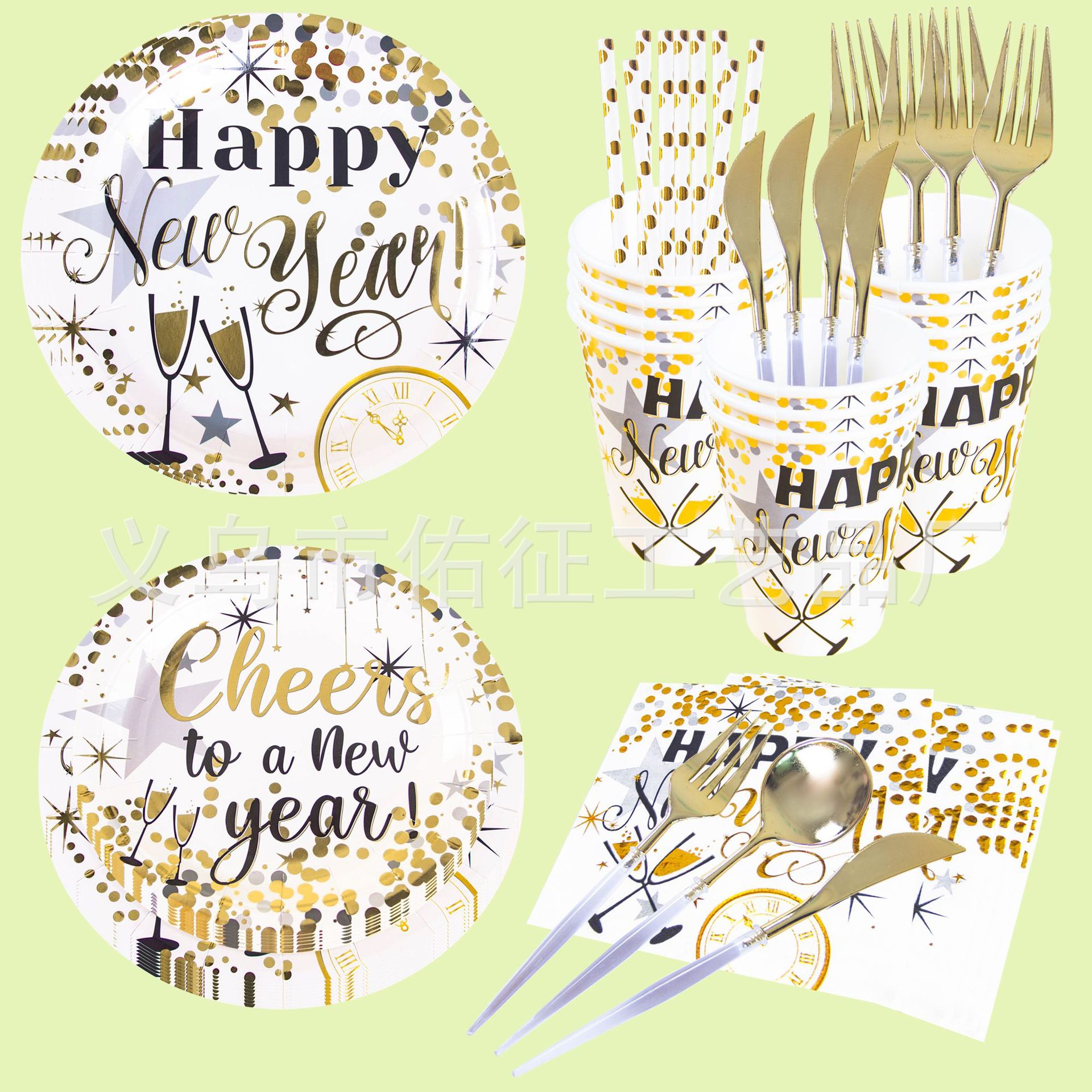 Plato de papel redondo blanco desechable de estilo de Año Nuevo conjunto de plato de pastel de cumpleaños para decoración de fiesta