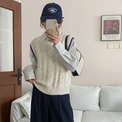 拼色设计款麻花毛衣马甲背心叠穿女2025秋季套头针织衫圆领学院风