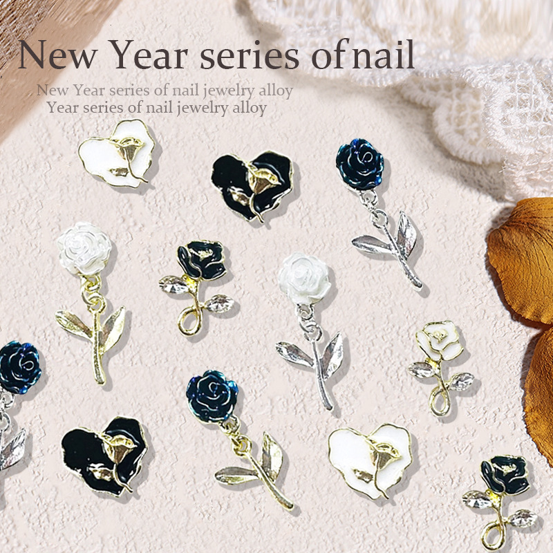 Internet Celebrant Explosive Nail Art Alloy Camellia Pendant Oil Dropping Love Black and White Rose Color Edge Flower Tassel Nail Drill Internet Celebrant Explosive Nail Art Alloy Camellia Pendant Oil Dropping Love Black and White Rose Color Edge Flower Tassel Nail Drill