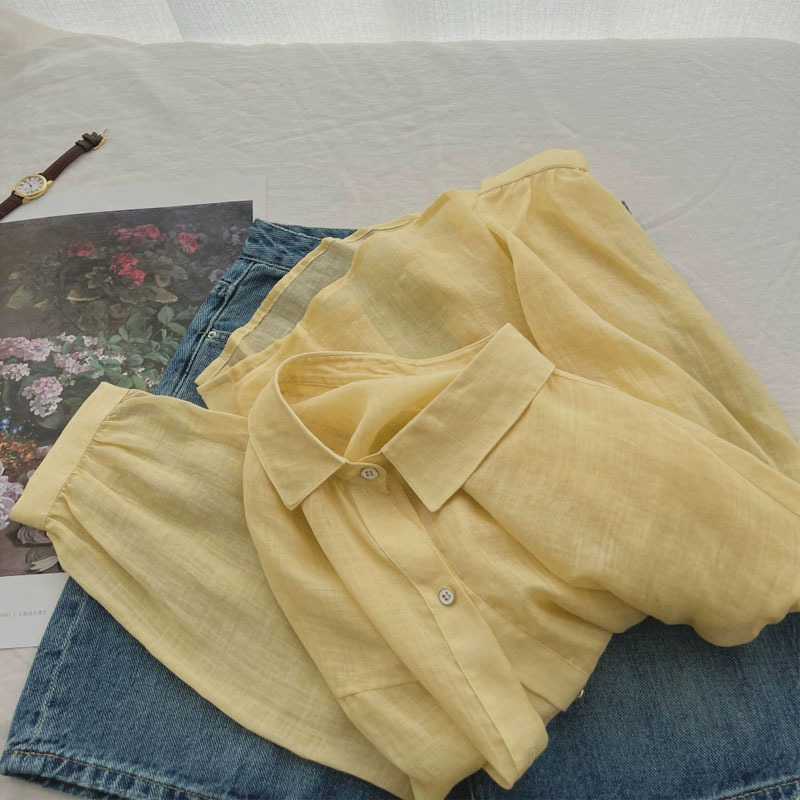 日韩外贸品牌剪标女装~显白奶油黄长袖衬衫女宽松空调防晒衫上衣
