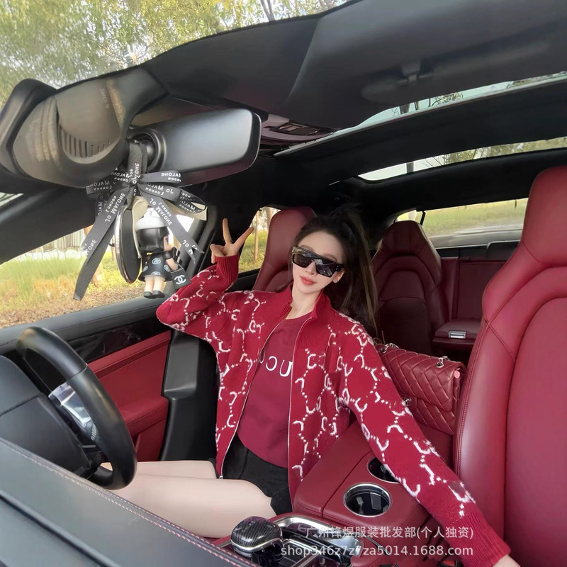 G's Reversible Wool Cardigan for Men and Women, Knitted Top, Zipper Jacket, Letter Jacquard Knitted Top for Women