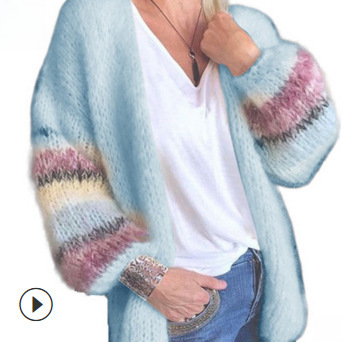 2021 New sweater striped mohair cardigan European and American autumn and winter knitted long-sleeved coat cross-border women's clothing_voghion.com