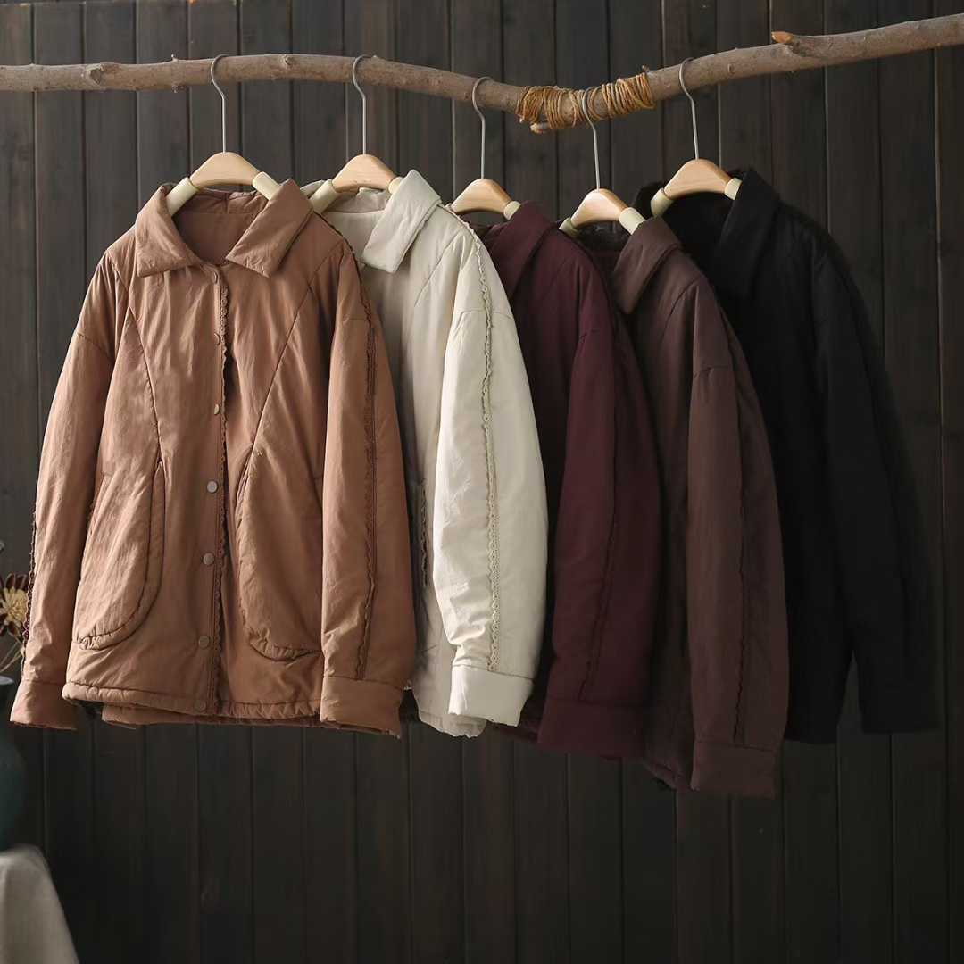 2025冬季新款 蕾丝花边拼接 翻领女士按扣棉衣棉服批发