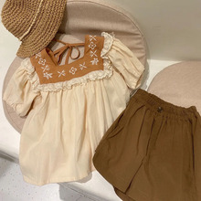 韩版童装2022新品夏季洋气儿童蕾丝刺绣衬衣+短裤宝宝宽松两件套
