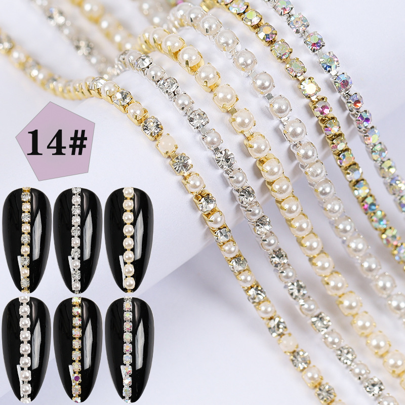 Super Value Six Packaging Japanese Style Creative Nail Decorative Chain Pearl Rhinestone Chain Nail Metal Color Retention Chain Wholesale display picture 13