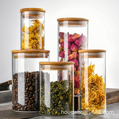 Glass sealed cans Kitchen transparent storage cans Bamboo and wood lid Food grade glass cans Motification-proof sealed storage cans