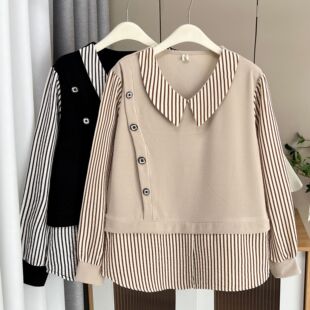 Autumn new plus size women 200kg chubby girl fashion casual striped stitching doll collar fake two-piece shirt 5190