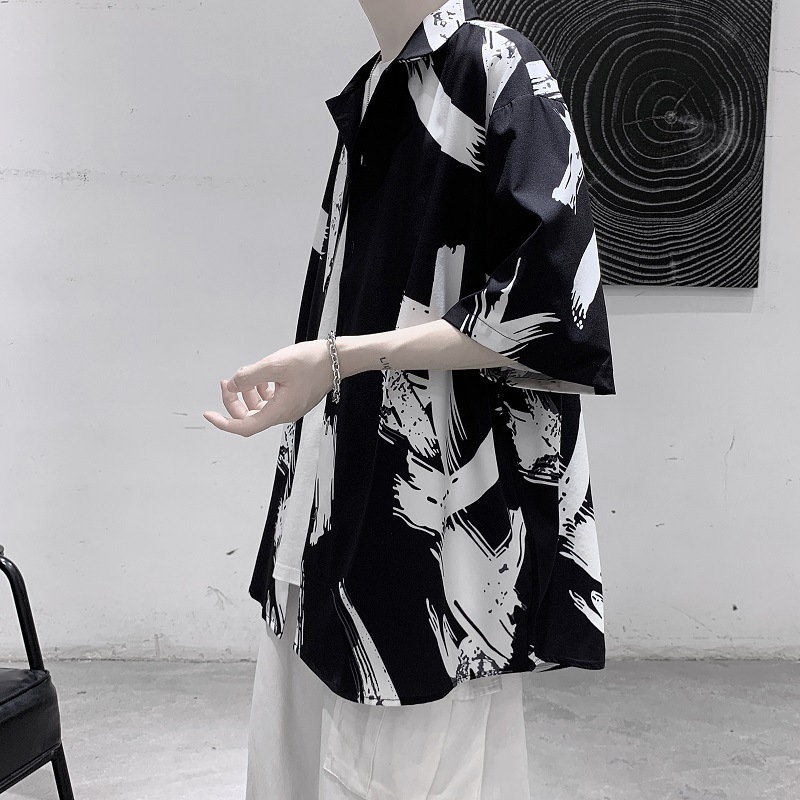 Tide brand hairstyle cold wind wind men's ice silk shirt men's short…