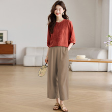 2025年夏装新款苎麻棉两件套女冰丝天丝衬衫刺绣复古文艺阔腿裤