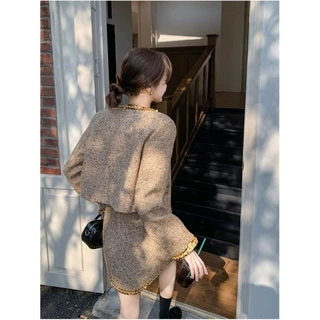 高级感小香风金色编织亮片羊毛呢短外套女圆领钉珠洋气短裙套装