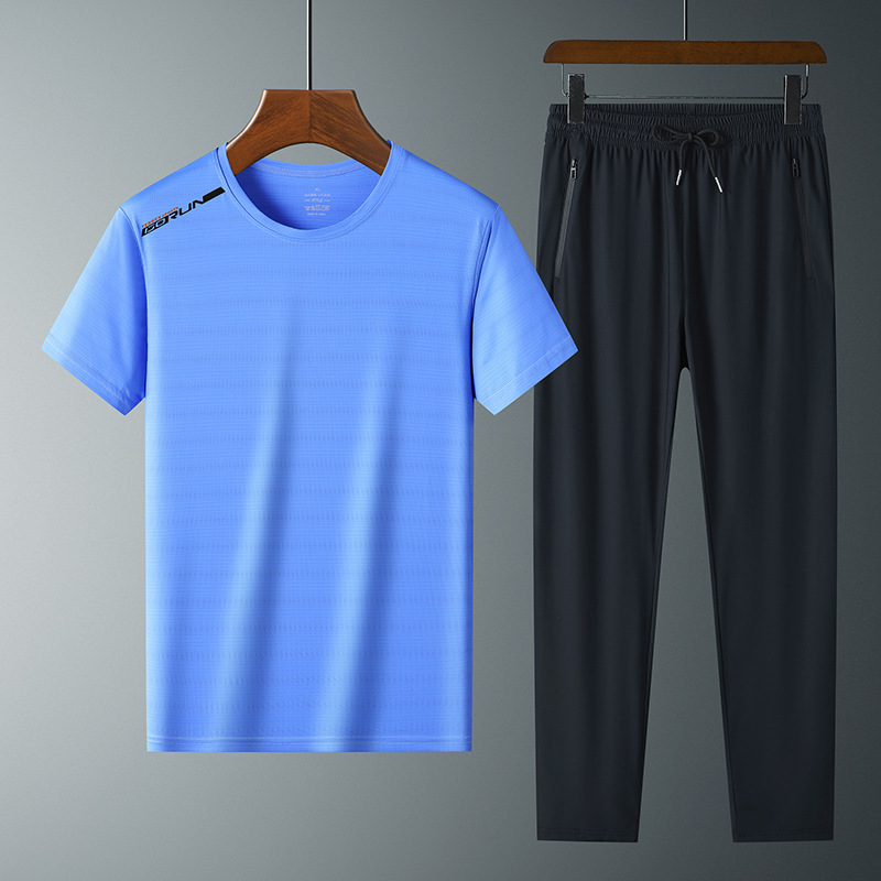 Moda pantalones de seda de hielo cuello redondo Camiseta de dos piezas para hombres talla grande suelta de secado rápido traje deportivo LOGO se puede formular
