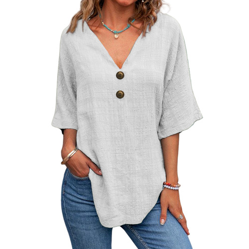 2025 New Women's Foreign Trade Cross-Border Casual V-Neck Short Sleeve Regular Crew Neck Multi-Color Button Up Top