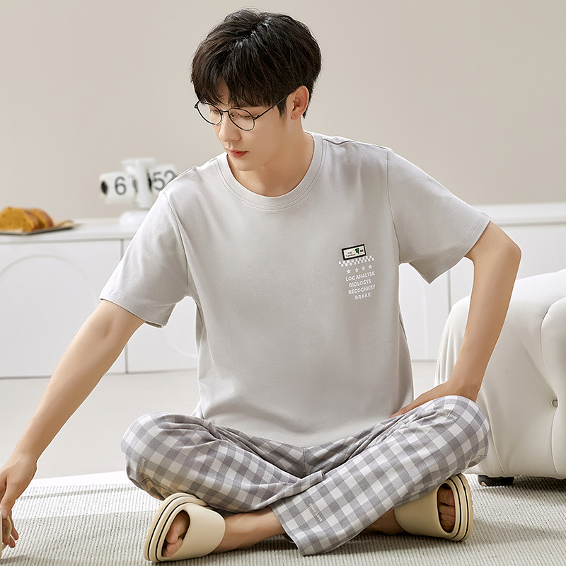 2024 봄과 여름 새로운 잠옷 남자의 순면 홈 옷 짧은 소매 바지 여름 둥근 목 캐주얼 청소년 남성 세트