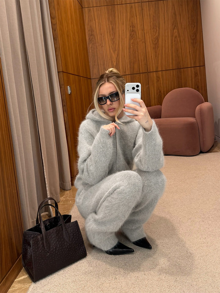Bộ đôi áo cardigan len dệt kim có mũ khóa kéo viền lông giả và quần dài hai túi dáng rộng — màu xám chi tiết 13